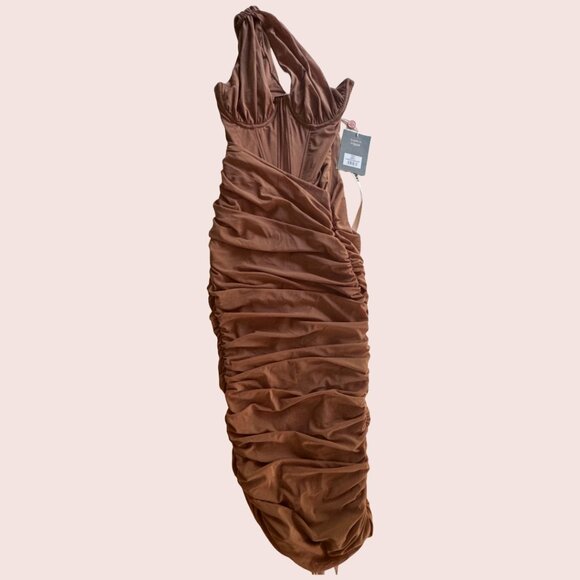 NEW House of CB Valentina Mocha Asymmetric Midi Dress, Size Small - Picture 5 of 10